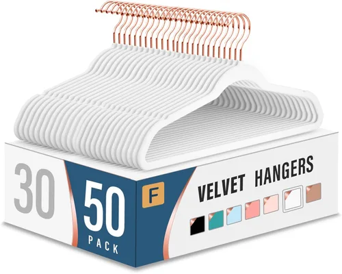Miniatura 8 de Perchas de Terciopelo para Ropa (Paquete de 50) Resistentes y Duraderas Perchas para Trajes Perchas de Colores Vibrantes Ligeras que Ahorran Espacio