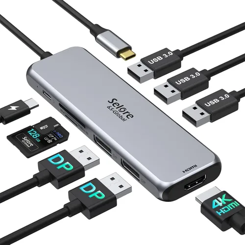 Miniatura 8 de Estación de acoplamiento USB C Monitor dual, estación de acoplamiento de triple pantalla USB C 9 en 1 a adaptador HDMI dual Displayport SD TF lector