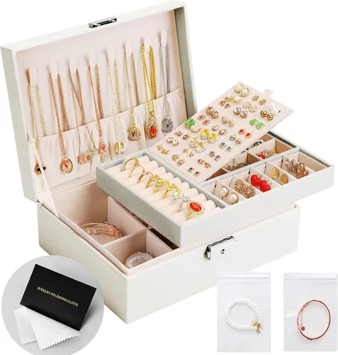 Joyero organizador para mujeres y niñas, 2 capas de cuero, estuche de almacenamiento de joyas de viaje con cerradura y bandeja extraíble para