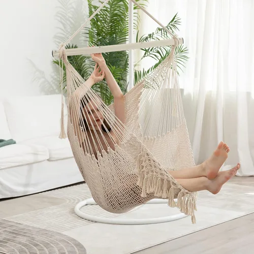 Miniatura 9 de Silla Hamaca, Máximo 330 Libras, Silla Colgante Grande, Silla Columpio de Cuerda de Algodón Suave con Varilla de Metal de Alta Capacidad de Carga