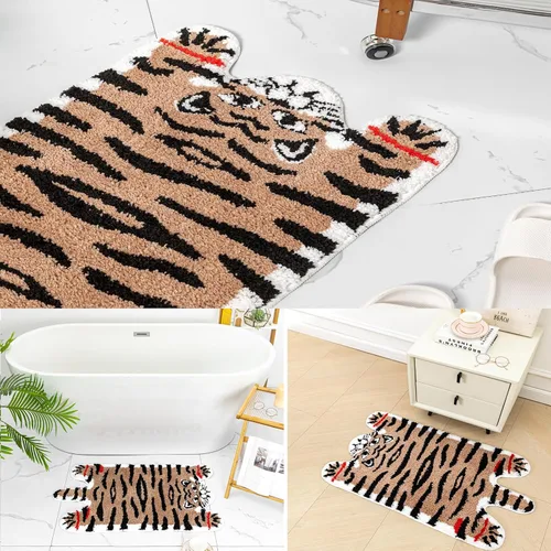 Miniatura 5 de Alfombra de baño con forma de tigre marrón lindo para baño, antideslizante, absorbente, decoración de animales de dibujos animados, alfombra