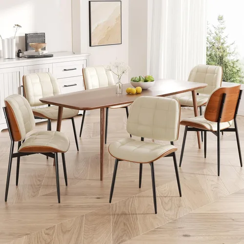 Miniatura 5 de Silla de comedor, moderna de mediados de siglo con cojín grueso, sillas de cocina tapizadas de piel sintética con respaldo de madera curvada de Beige