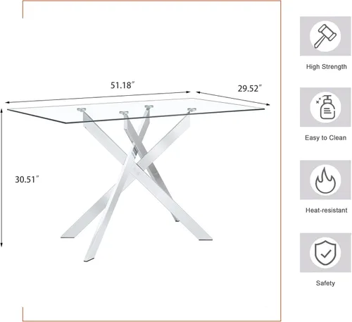 Miniatura 2 de Mesa de comedor rectangular de 51.18" de vidrio templado, mesa de cocina con patas de metal, elegante y robusta mesa de cena para el hogar y la cena
