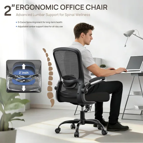 Miniatura 4 de Mimoglad Silla de oficina ergonómica – Silla de escritorio con reposabrazos abatibles y reclinable de 135°, soporte lumbar ajustable – Silla