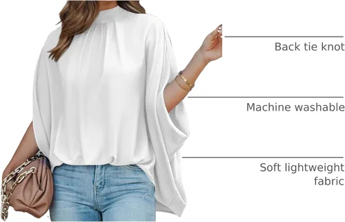 Miniatura 154 de BTFBM Blusas de verano para mujer, cuello alto falso, manga murciélago, holgadas, dobladillo alto y bajo, blusas informales de gran