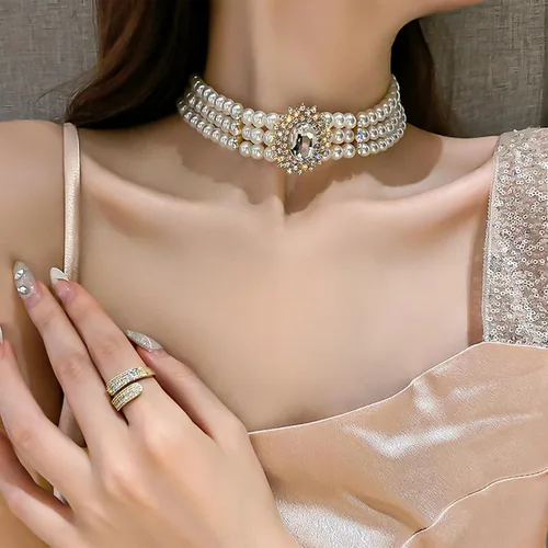 Miniatura 5 de NEWITIN 6 collares de perlas de diamantes de imitación para mujer, gargantilla de perlas en capas con diamantes de imitación de los años 20, collar