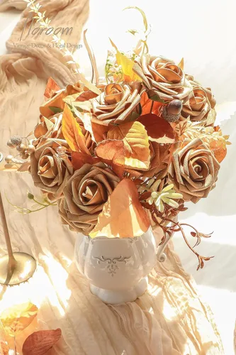 Miniatura 2 de Floroom Flores artificiales, 25 piezas de rosas falsas de espuma dorada antigua de aspecto real con tallos para ramos de boda DIY, centros de mesa