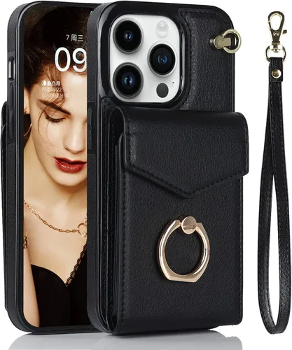 Funda de piel tipo cartera para Apple iPhone 7 Plus/8 Plus con tarjetero y soporte de anillo de 360° y correa de muñeca, cierre magnético, para Negro