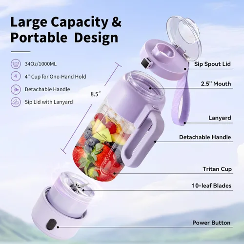 Miniatura 2 de Licuadora portátil para batidos, 34 onzas, tamaño personal, mini batidora de proteínas, licuadora de batidos, inalámbrica y sin BPA, con tapa