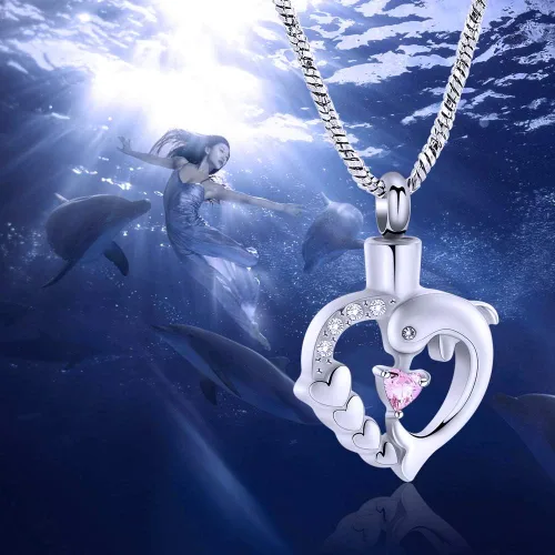 Miniatura 25 de Yinplsmemory Collar de urna de corazón de delfín para cenizas para mujer, colgante de urna de corazón de cristal, collar de recuerdo de cenizas