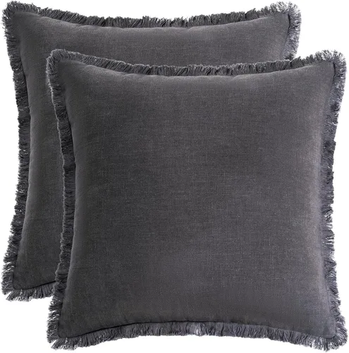 Miniatura 17 de AmHoo Paquete de 2 fundas de almohada de lino con borlas con flecos decorativas rústicas naturales para cojín de sofá, sofá, dormitorio 16 x 16 Beige