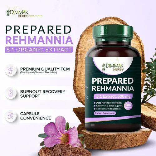 Miniatura 2 de Dimmak Herbs Cápsulas preparadas de raíz de rehmannia (Shu Di Huang) - Extracto orgánico 5:1 - Yin Tónico suprarrenal y renal de alta potencia
