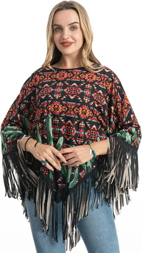 Miniatura 3 de Montana West Poncho con estampado de caballo azteca para mujer capa de chal con flecos de vaquera occidental