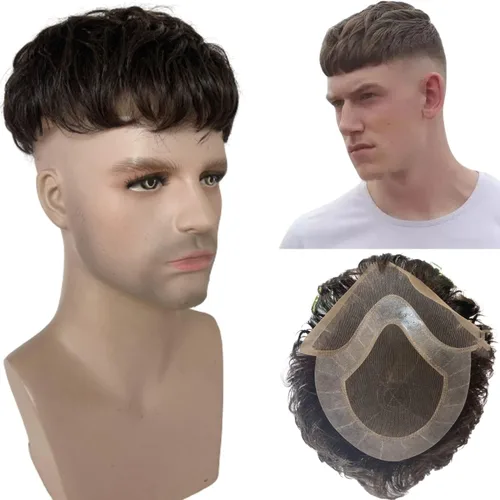 Voloria Sistemas europeos de reemplazo de cabello humano virgen tupé para hombres, encaje suizo suave frontal mono encaje superior grueso PU