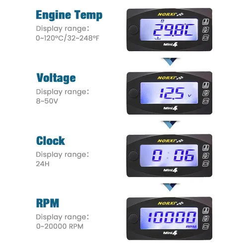 Miniatura 2 de Medidor multifunción 4 en 1 para motocicleta, mini 13.1 ft (tacómetro RPM+temperatura de culata+voltímetro+reloj) Medidor multifuncional 4 en 1