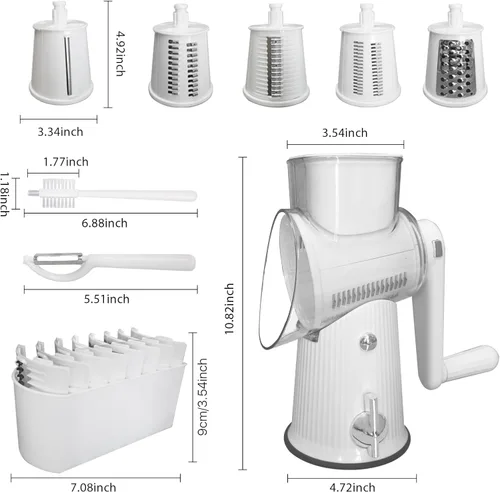 Miniatura 2 de Rallador de queso giratorio 5 en 1, cortador de verduras, picador de mandolina de tambor para cocina, fácil de limpiar con recipiente de Blanco