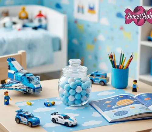 Miniatura 6 de Bolas de goma de mascar de 1 pulgada para máquina de chicle, bolas de goma de mascar de celebración (1 libra, mezcla de bebé (azul claro y blanco))