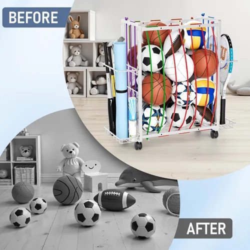 Miniatura 3 de Carrito de almacenamiento de pelotas deportivas con ruedas, organizador de equipos deportivos de gran capacidad, organizador de pelotas de garaje
