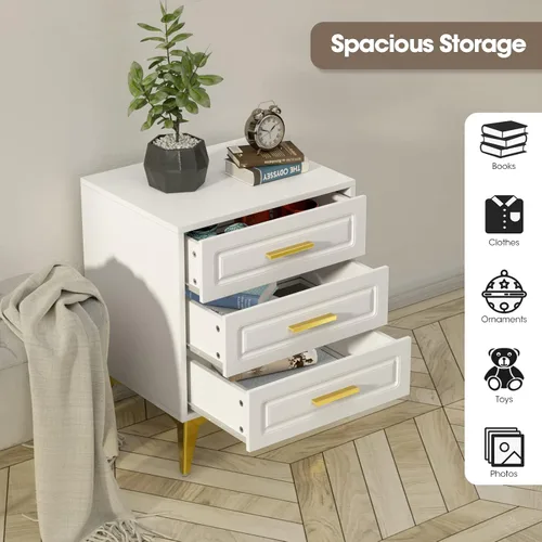 Miniatura 3 de Giluta Mesita de noche blanca con 3 cajones, moderna mesita de noche con patas y asas de metal macizo dorado, mesa de noche de madera, mesa auxiliar