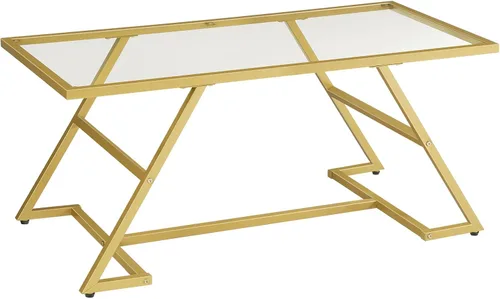 Miniatura 9 de HOOBRO Mesa auxiliar, mesa de centro rectangular dorada, mesa central de cristal moderna, mesas de té centrales de 2 niveles con marco de metal