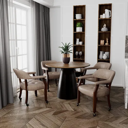 Miniatura 48 de Juego de 8 sillas de cuero de comedor con ruedas y brazos, silla de capitán Accent con ruedas, sillas de madera con ruedas enrollables para cocina