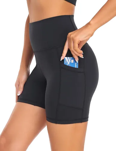 YUNOGA Pantalones cortos de ciclista para mujer de 68 pulgadas, pantalones cortos de yoga de cintura alta con bolsillos, pantalones cortos de
