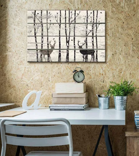 Miniatura 2 de wall26 - Obra de arte con estampado de madera de ciervo en bosque de abedules - Lienzo rústico para pared, arte para el hogar - 16 x 24 pulgadas