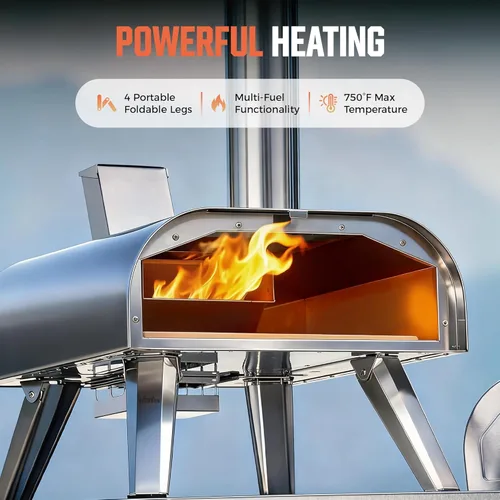 Miniatura 5 de BIG HORN OUTDOORS Horno de pizza multicombustible de 12 pulgadas, horno de pizza portátil para exteriores, leña y gas propano, máquina de pizza