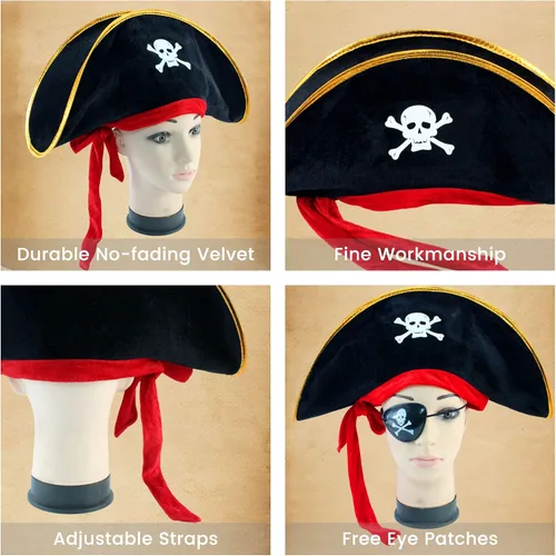 Miniatura 8 de M&G House Sombreros de pirata de Halloween Caribbean Black Pirate Cap Pirata Accesorios Divertidos Sombrero de Fiesta Disfraz Adulto Niño
