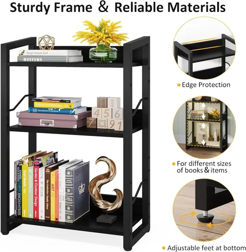 Miniatura 6 de Hosfais Estantería pequeña para libros, estantería de madera de 3 niveles, estantería industrial, estantería estrecha de metal, organizador