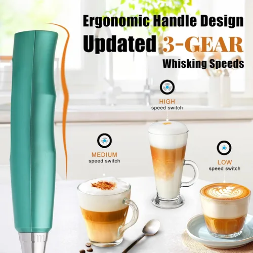Miniatura 3 de Nahida Varita espumadora de leche verde para café, espumador de mano, batidor eléctrico recargable con 3 cabezales, 3 velocidades, mezclador