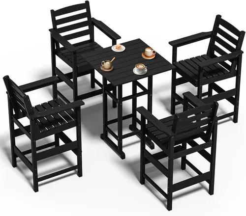 Miniatura 24 de nevilywood Adirondack - Juego de 5 sillas altas de bar, juego de 4 sillas de bar Adirondack con mesa, muebles de patio de polietileno de alta Teca