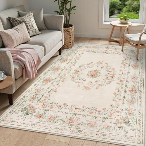 Miniatura 13 de Wonnitar Alfombras rosas para dormitorio, niñas, guardería, alfombra lavable con estampado floral de 5 x 7 pies, bohemio, ultrafina, antideslizante