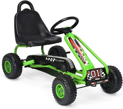 Miniatura 12 de HONEY JOY Go Kart para niños, carrito de 4 ruedas alimentado por pedal con volantes y asiento ajustable, freno de mano de seguridad, neumáticos Azul