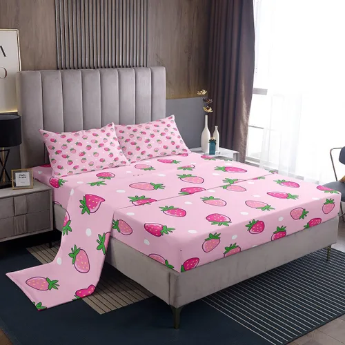 Erosebridal Juego de sábanas de fresa, tamaño individual, diseño de fresa rosa para niñas y niños, sábana bajera ajustable de frutas tropicales,