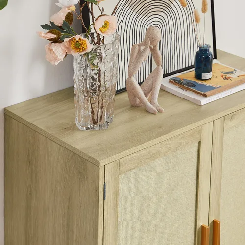Miniatura 6 de Aparador de buffet Armarios de almacenamiento de cocina con puertas decoradas de ratán de madera natural, armario de licor, pasillo, mesa de consola