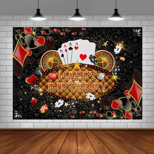 Miniatura 2 de AIBIIN Telón de fondo de feliz cumpleaños de 7 x 5 pies, decoración de fiesta de cumpleaños de Las Vegas, dados de Las Vegas, cartel de fiesta