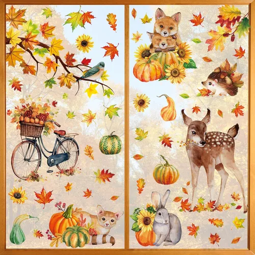 68 calcomanías de otoño para ventana, de doble cara, hojas de arce de otoño, calabaza, calcomanías para ventana, calcomanías para el hogar, oficina,