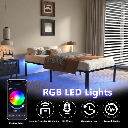 Miniatura 3 de DORITRON Base de cama individual con luces LED, plataforma de metal resistente de 14 pulgadas, tamaño individual con estación de carga, no necesita