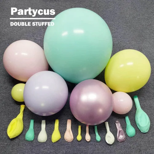 Miniatura 3 de Kit de arco de guirnalda de globos pastel de doble relleno, globos de color rosa bebé, morado, amarillo, verde, con látex lila metálico para baby