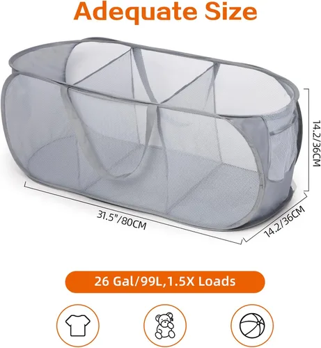Miniatura 4 de Cesta de lavandería plegable y duradera que se despliega, resistente con 3 compartimentos, bolsillo práctico y cestas de ropa fáciles para Gris