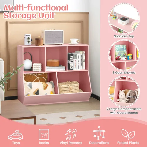 Miniatura 6 de Costzon Organizadores de juguetes y almacenamiento con estantería, estante de madera para libros infantiles de 5 cubículos, gabinete de Rosado