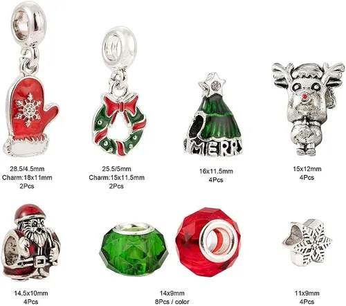 Miniatura 6 de KISSITTY Juego de 36 cuentas europeas de Navidad de 4 a 0.197 in, agujero grande de aleación y vidrio, rondelle facetado, surtido de cuentas