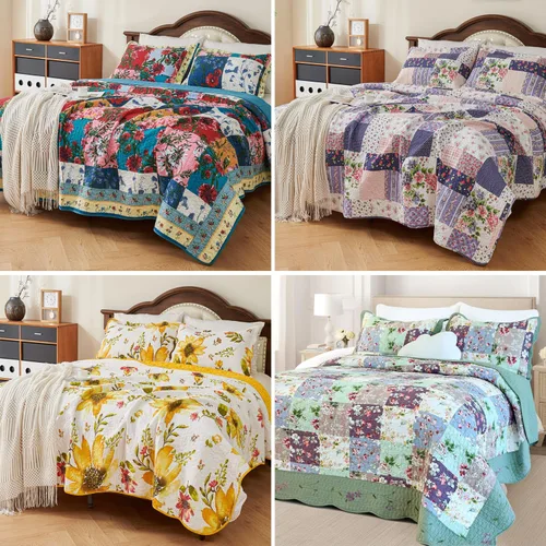 Miniatura 8 de EVENHUG Juego de edredón de retazos de 100% algodón, tamaño King, ligero, floral, juego de ropa de cama, colcha reversible con fundas de almohada