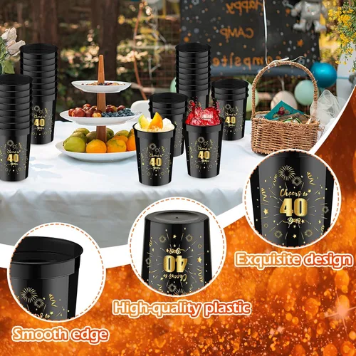 Miniatura 4 de Mototo 30 tazas pequeñas de cumpleaños de 8 onzas con texto en inglés «Cheer to 40 años», vasos de plástico para estadios de cumpleaños, color negro