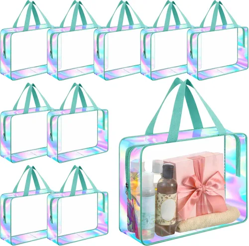 Miniatura 8 de Sweetude Bolsa de aseo transparente grande con asa, bolsa de maquillaje de playa iridiscente de gran capacidad, bolsa de maquillaje de PVC Azul