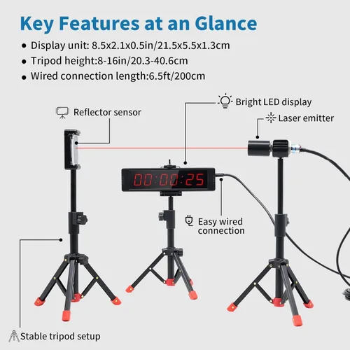 Miniatura 4 de Temporizador de Reloj de Láser con Batería Incorporada – Sistema de Cronometraje de Puerta Láser con Cable para Carreras de Velocidad, Eventos