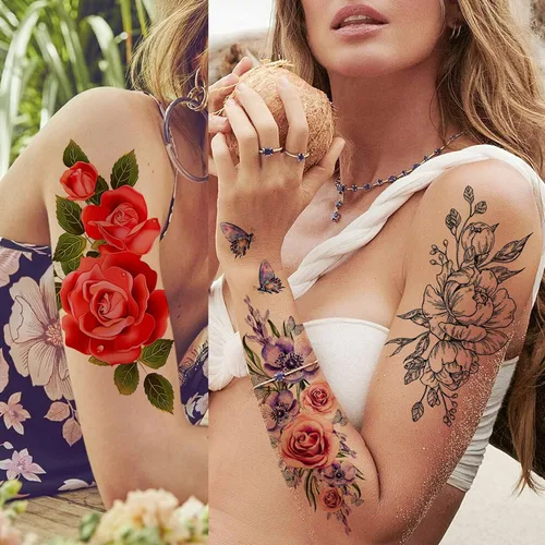 Miniatura 5 de TASROI 18 hojas de tatuajes temporales de flores sexys para mujeres, niñas y adultos, tatuajes falsos de arte corporal para el brazo, tatuajes