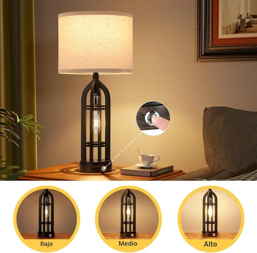 Miniatura 2 de Seealle Juego de 2 Lámparas de Mesa para Sala de Estar - Lámpara de Noche de Aspecto de Madera para Dormitorio con USB C+A y Enchufe, Lámparas