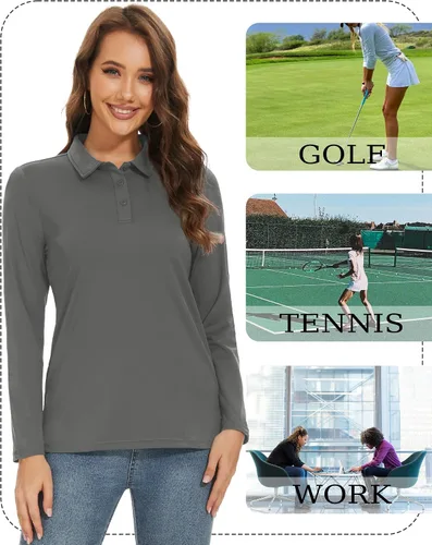 Miniatura 6 de TACVASEN Polo de manga larga para mujer, con protección solar UV, SPF para exteriores, manga larga, 3 botones, secado rápido, para golf